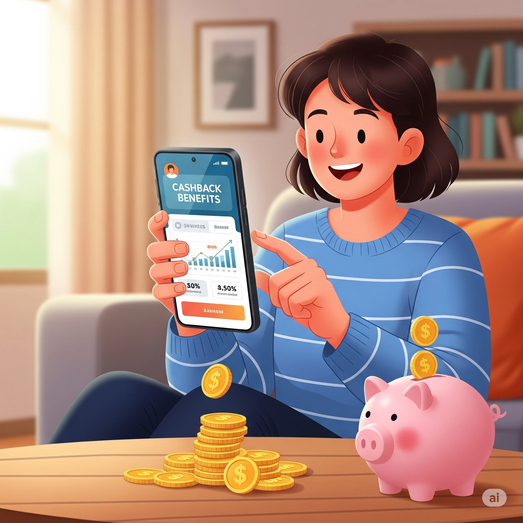 한 여성이 스마트폰으로 상생페이백 캐시백 혜택을 확인하며 미소 짓고 있고, 앞에는 동전과 돼지 저금통이 놓여 있는 일러스트.