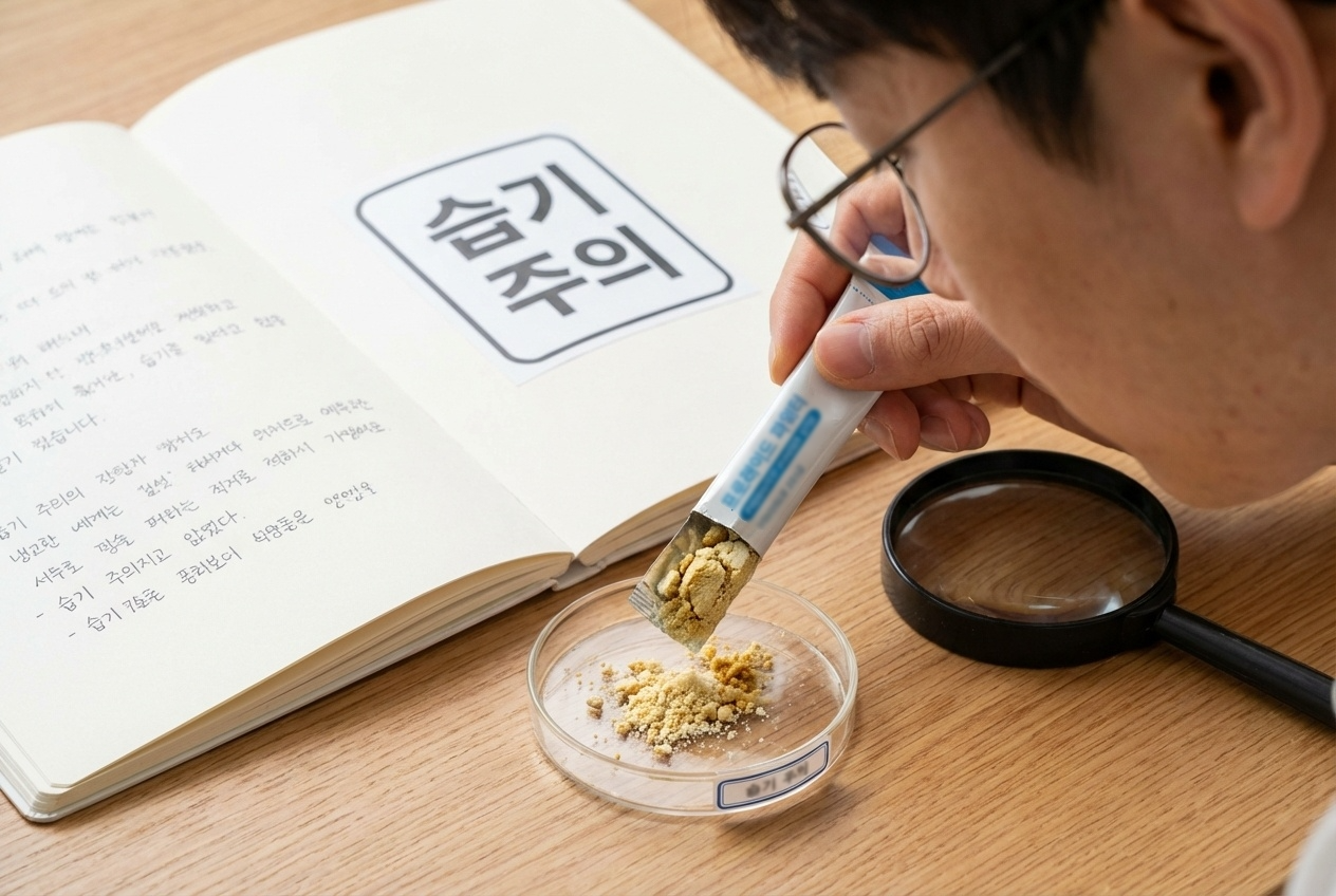 프로바이오틱스 제품의 변질 신호를 확인하는 장면, 분말 뭉침과 색 변화