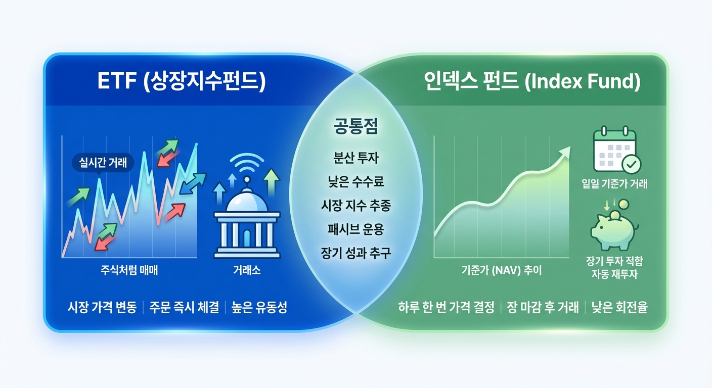 ETF와 인덱스펀드의 주요 차이점을 시각적으로 비교하는 인포그래픽