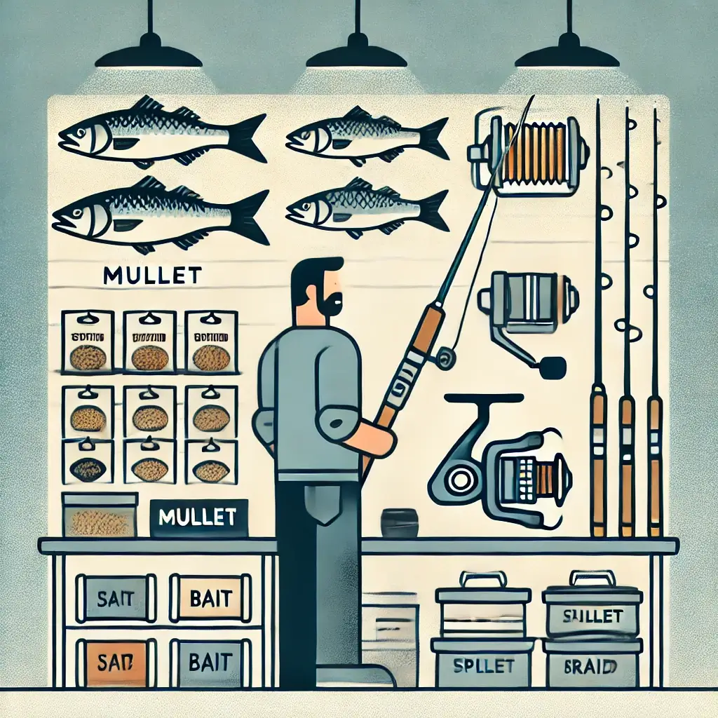 숭어 낚시에 필요한 장비를 고르는 사람의 일러스트.