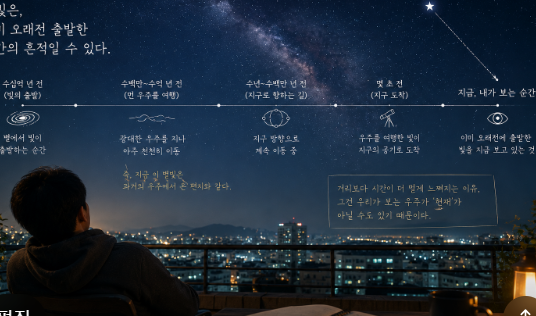 도시 불빛 위로 오래전 출발한 별빛이 천천히 도착하고 있는 하늘을 바라보며 현재라고 믿었던 시간 감각이 흔들리는 순간