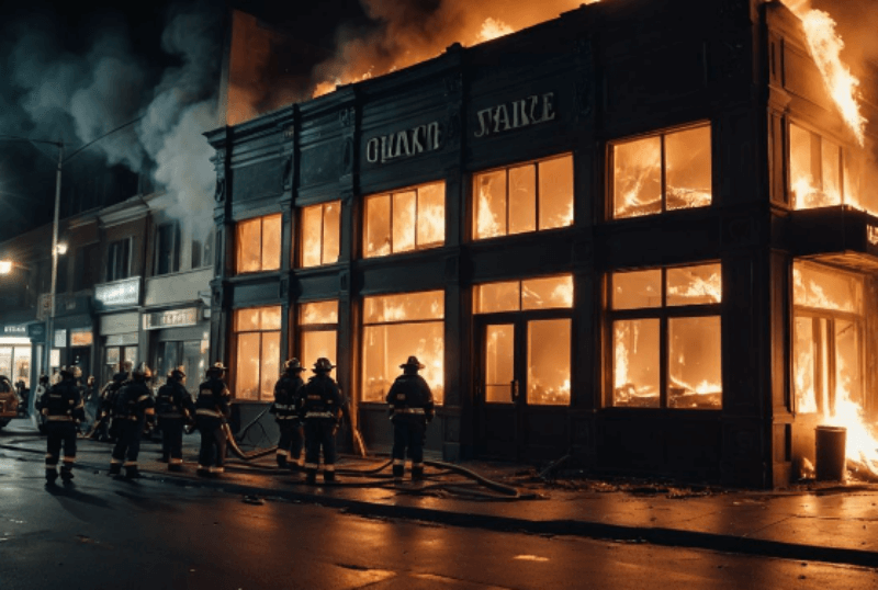 불이 난 건물과 불을 끄고 있는 소방관들 그림