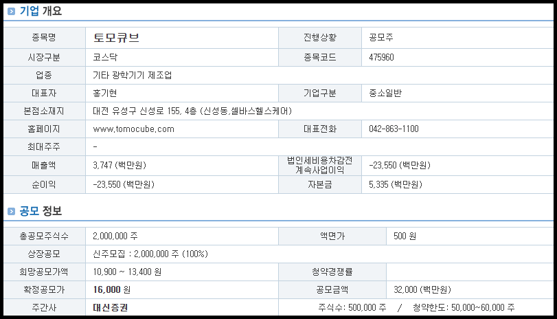토모큐브 기업 개요 및 공모 정보