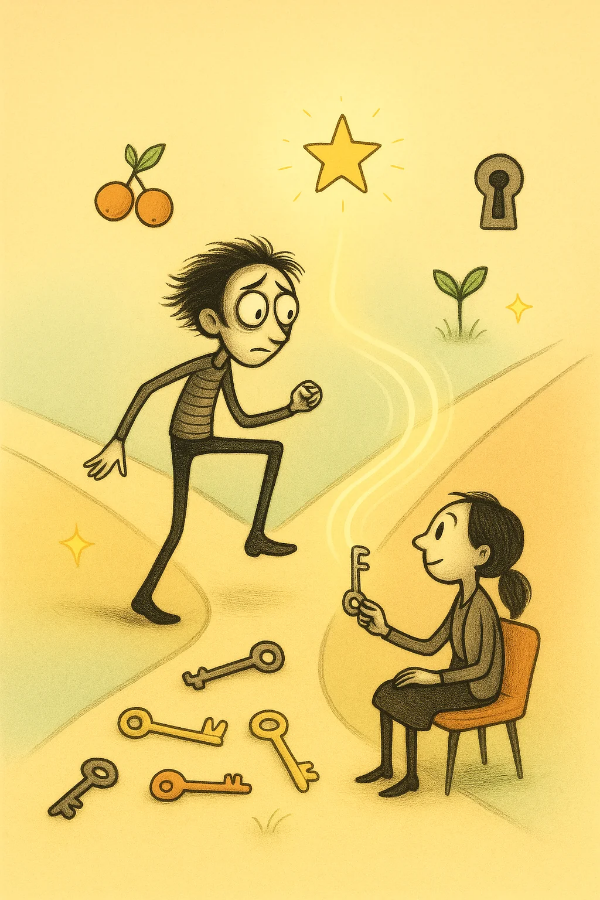 갈림길에서 열쇠를 건네받으며 회복의 방향을 고민하는 팀 버튼풍 캐릭터