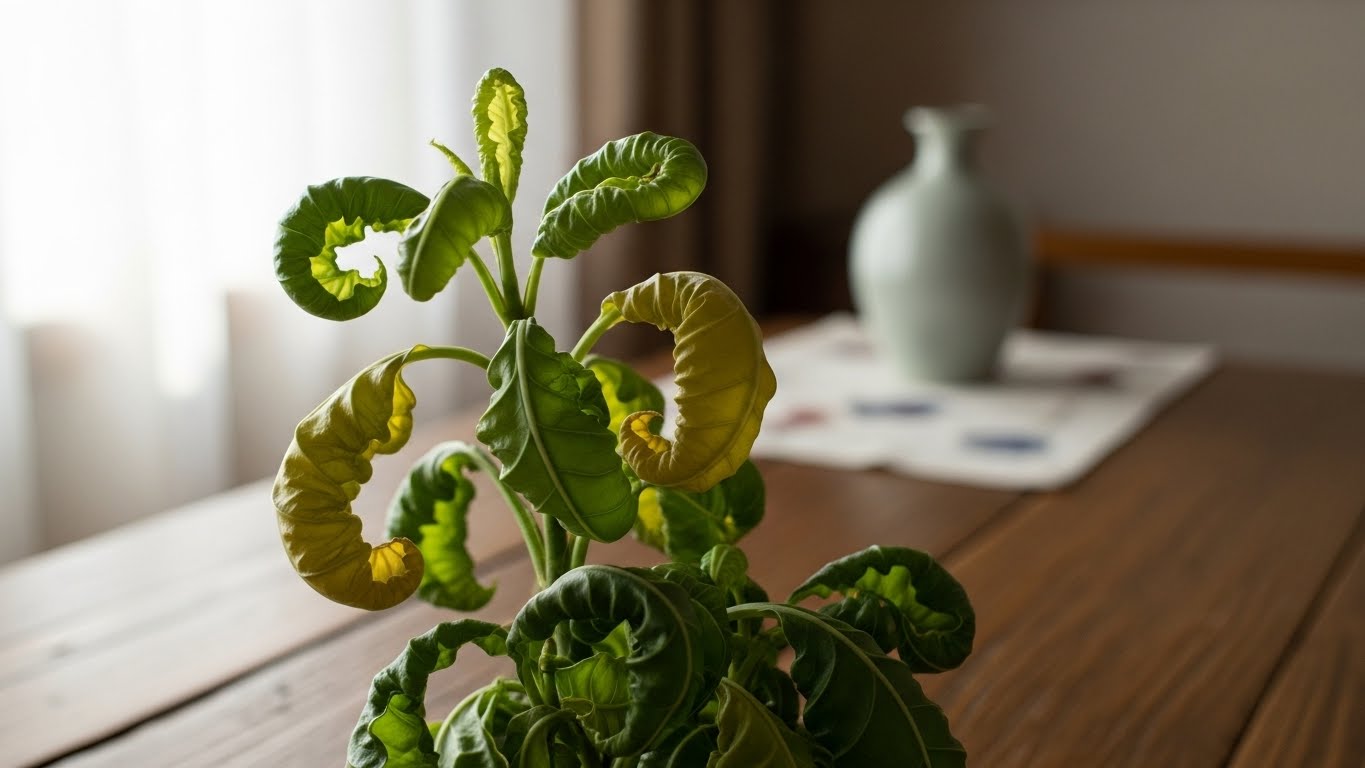 잎이 말린 실내 식물이 창가 근처에서 관리되는 모습