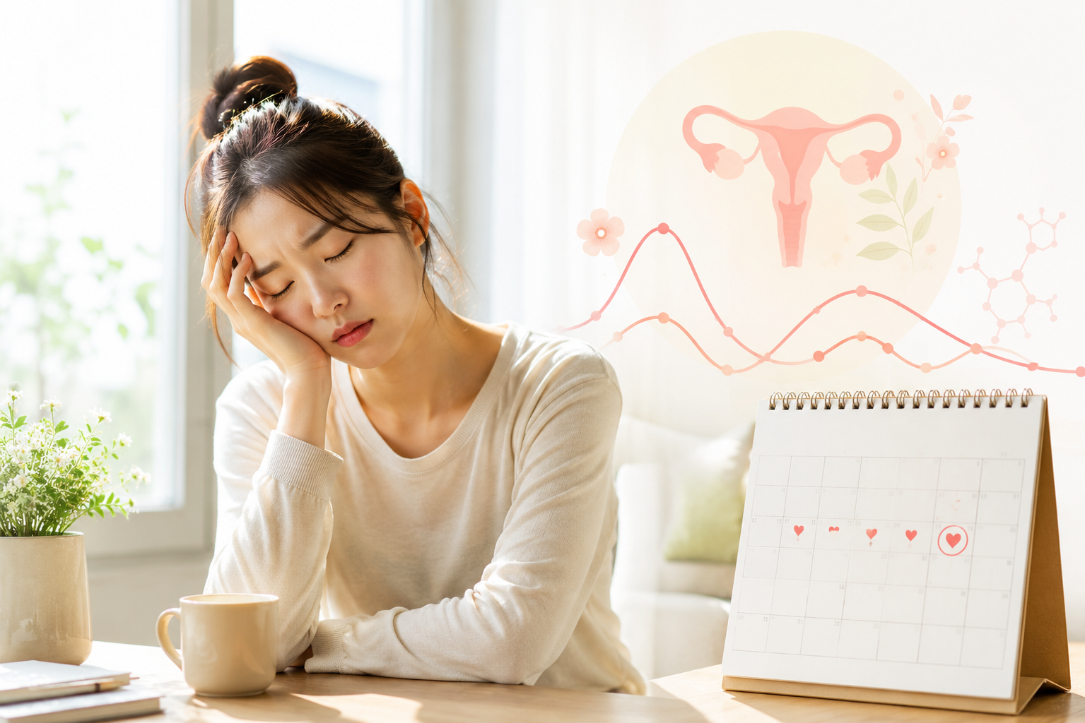생리 전 호르몬 변화로 피곤함을 느끼는 한국인 여성