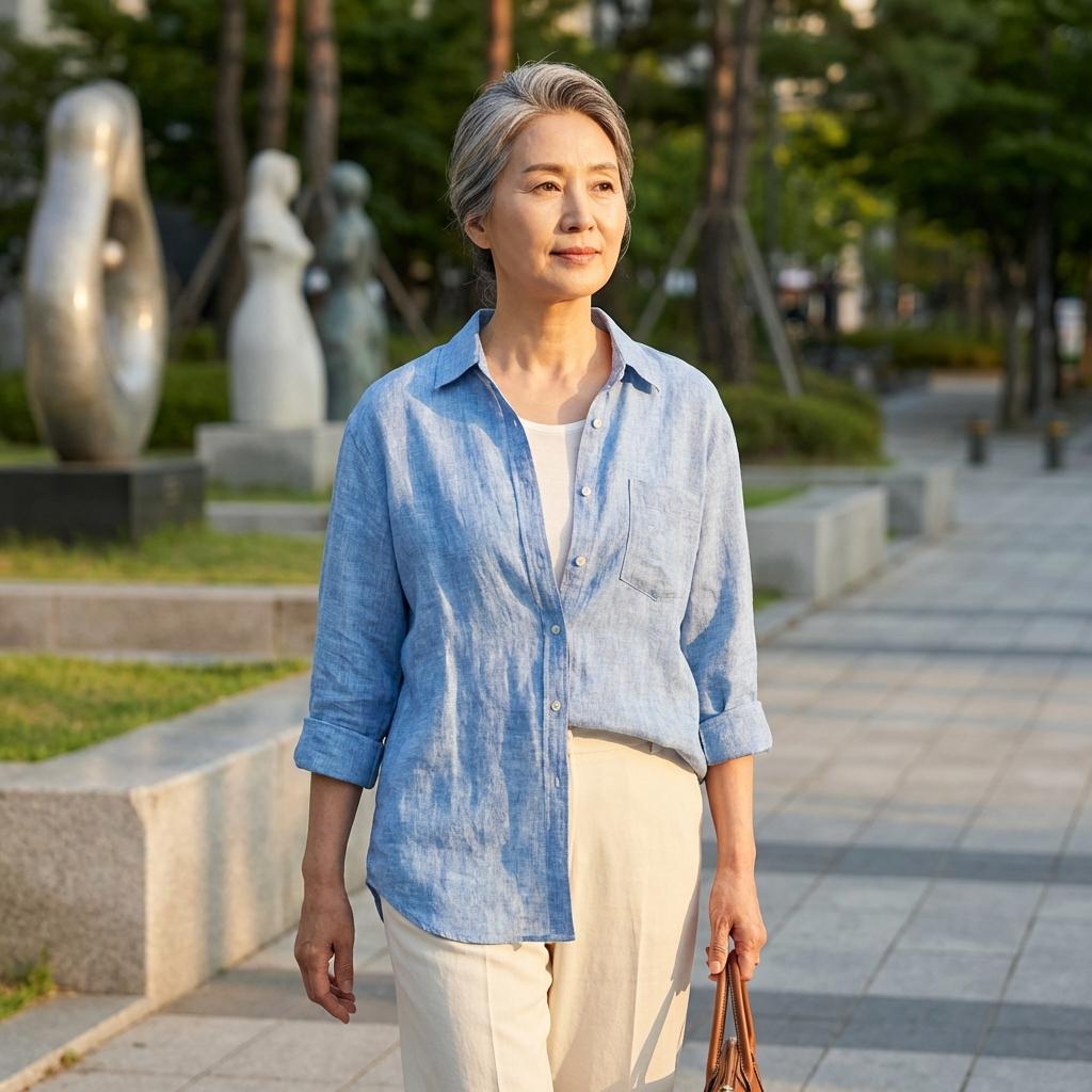 활동성과 스타일을 동시에 잡는 60대 린넨 블루 셔츠 데일리룩