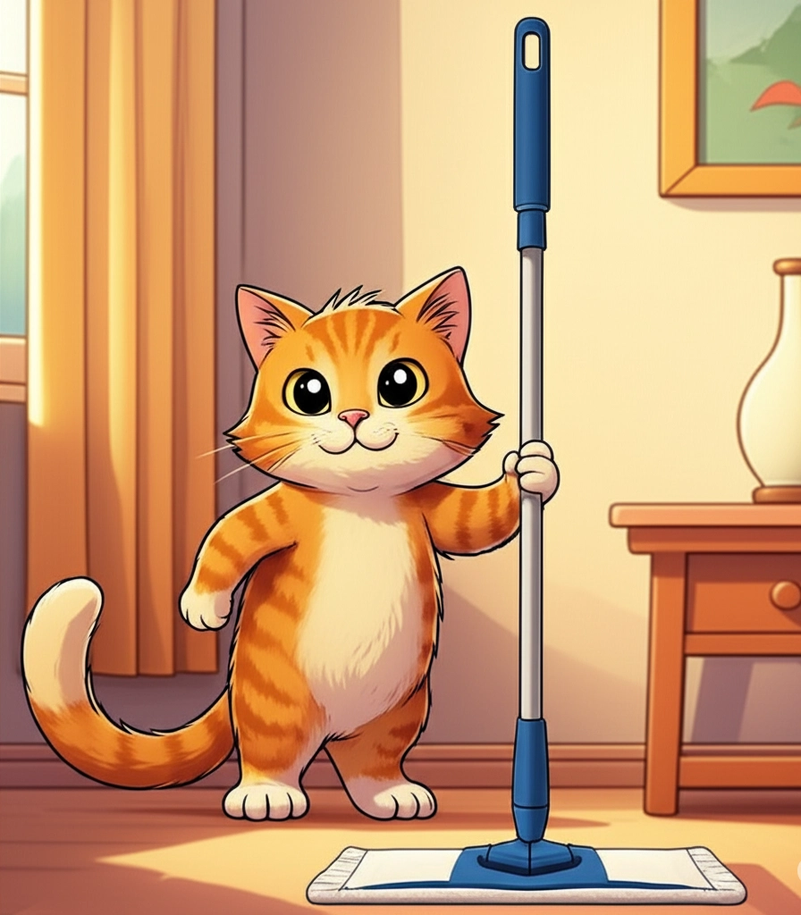 정전기 청소포 막대를 들고 있는 고양이 그림, Illustration of a cat holding a static cleaning cloth stick