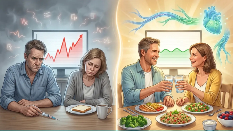 식후 혈당 스파이크로 고통받던 중장년 남녀가 의사 추천 식단으로 혈당을 안정화하고 건강한 혈관을 되찾는 Before/After 모습. 혈당 관리 식단과 혈관 건강.