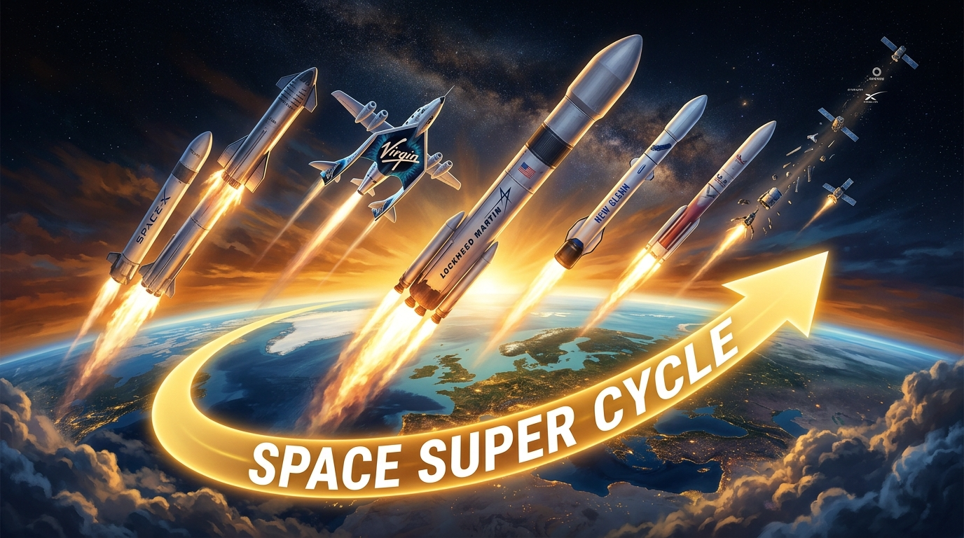 록히드 마틴, 스페이스X 등 우주 항공 기업들이 대기권을 뚫고 상승하며 '슈퍼 사이클'을 형성하는 그래픽