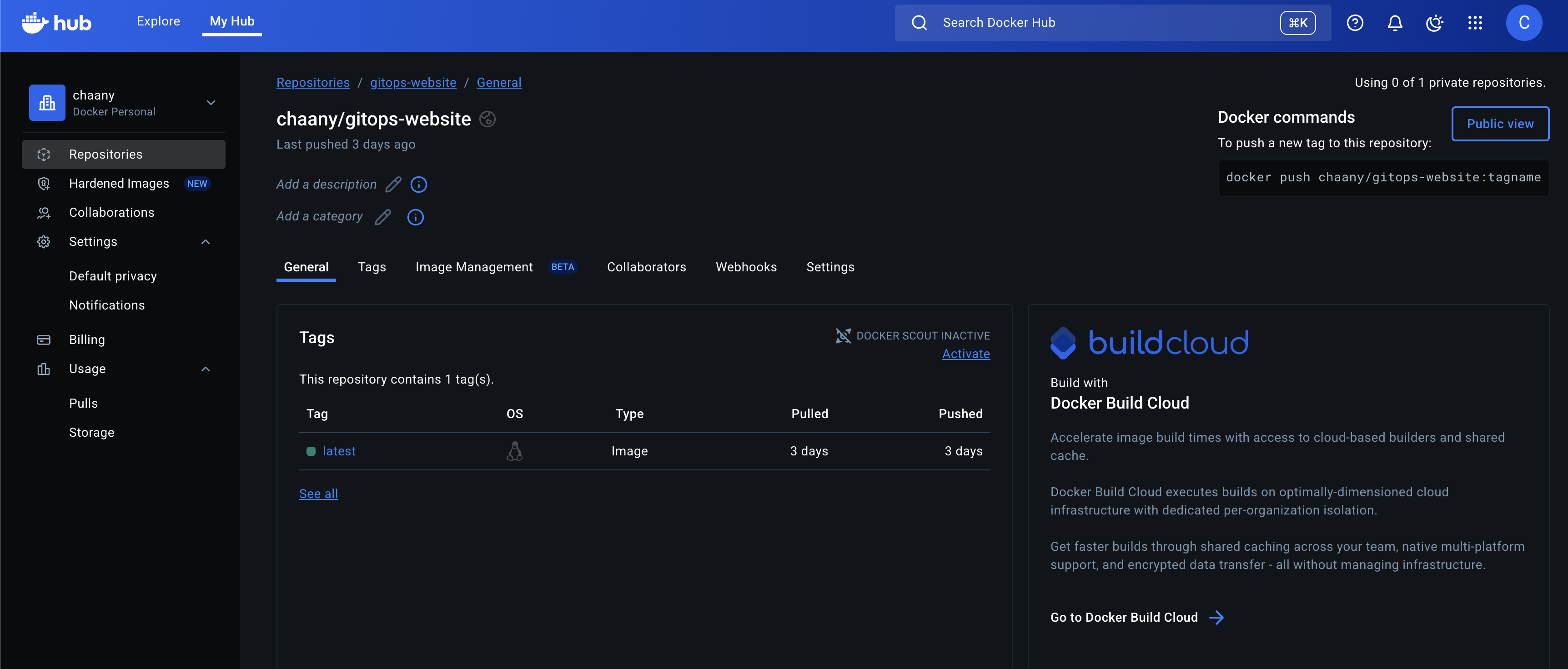 Buildah로 빌드한 HTTP 서버 이미지의 Docker Hub layer 화면