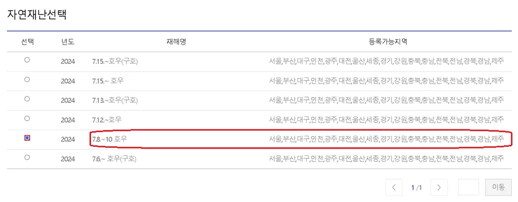 국민재난안전포털_사유재산피해신고_자연재난선택하기