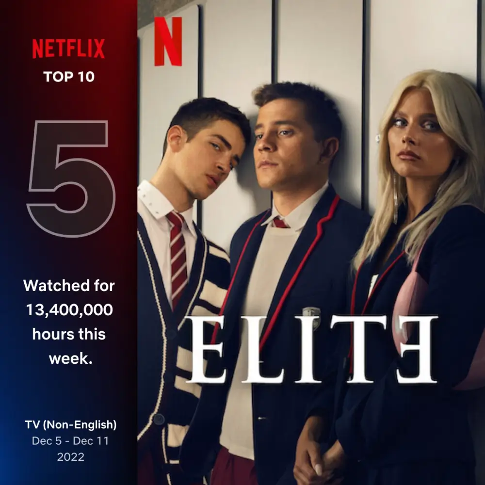 고등학생 두남자와 한여자가 락카장에 기대어 있는 엘리트 시즌 6 포스터