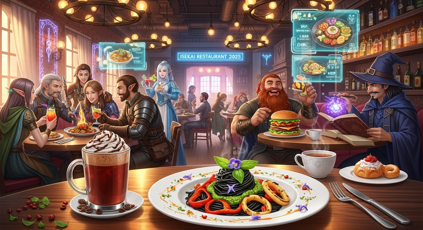 이세계 식당에서 다양한 종족의 손님들이 맛있고 아름다운 음식을 즐기는 포근한 장면, 이세계 식당의 따뜻한 분위기