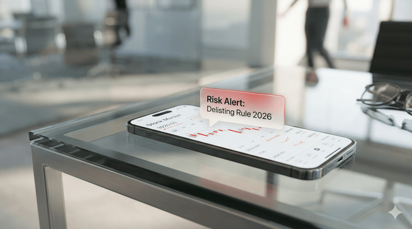 2026 상장폐지 규정 변경 알림이 뜬 스마트폰과 오피스 환경