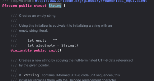 Command 키를 누르고, 해당 Data Type을 클릭하면 definition 내용을 볼 수 있다.
