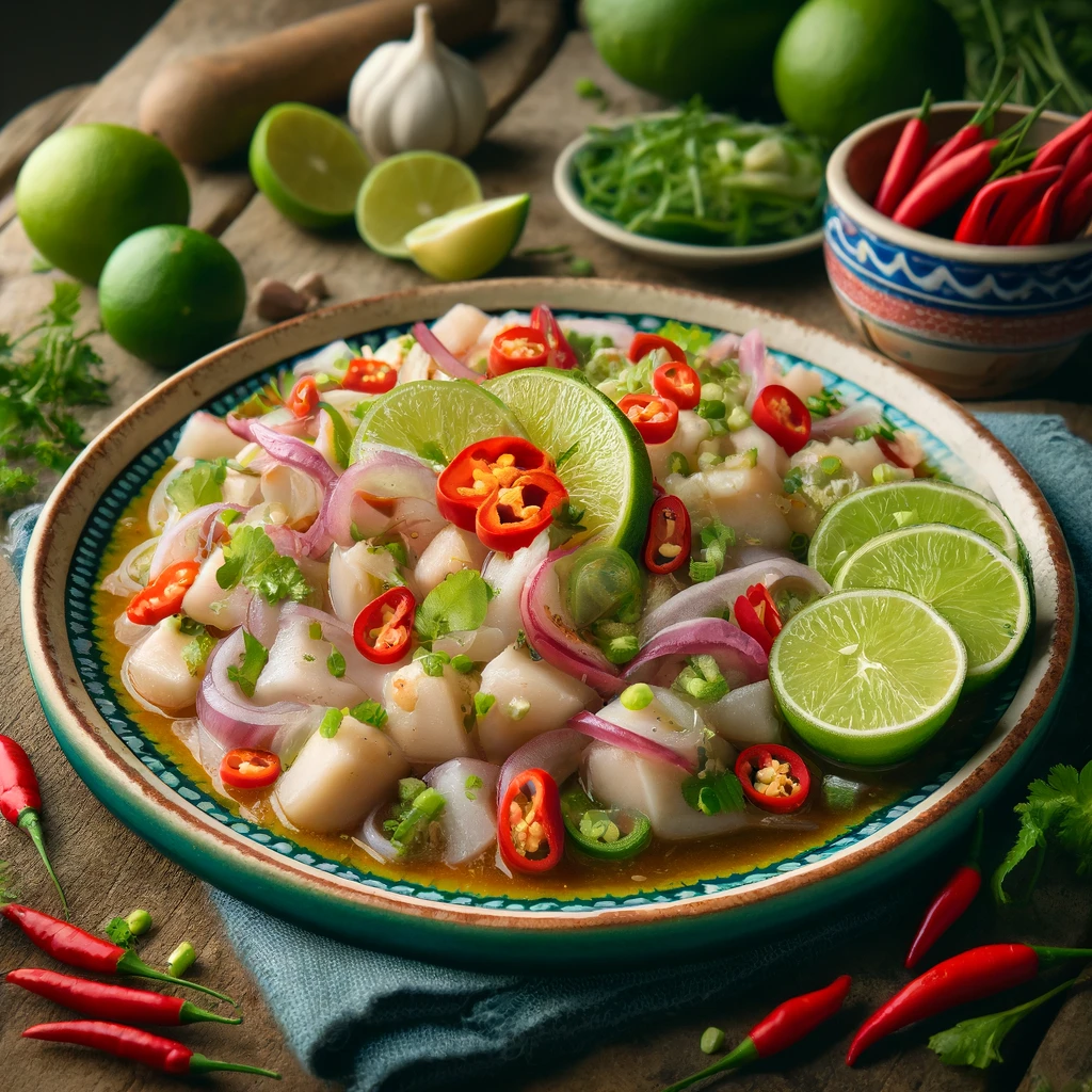 키나일라가 담긴 접시와 상큼한 라임, 고추가 곁들여진 모습