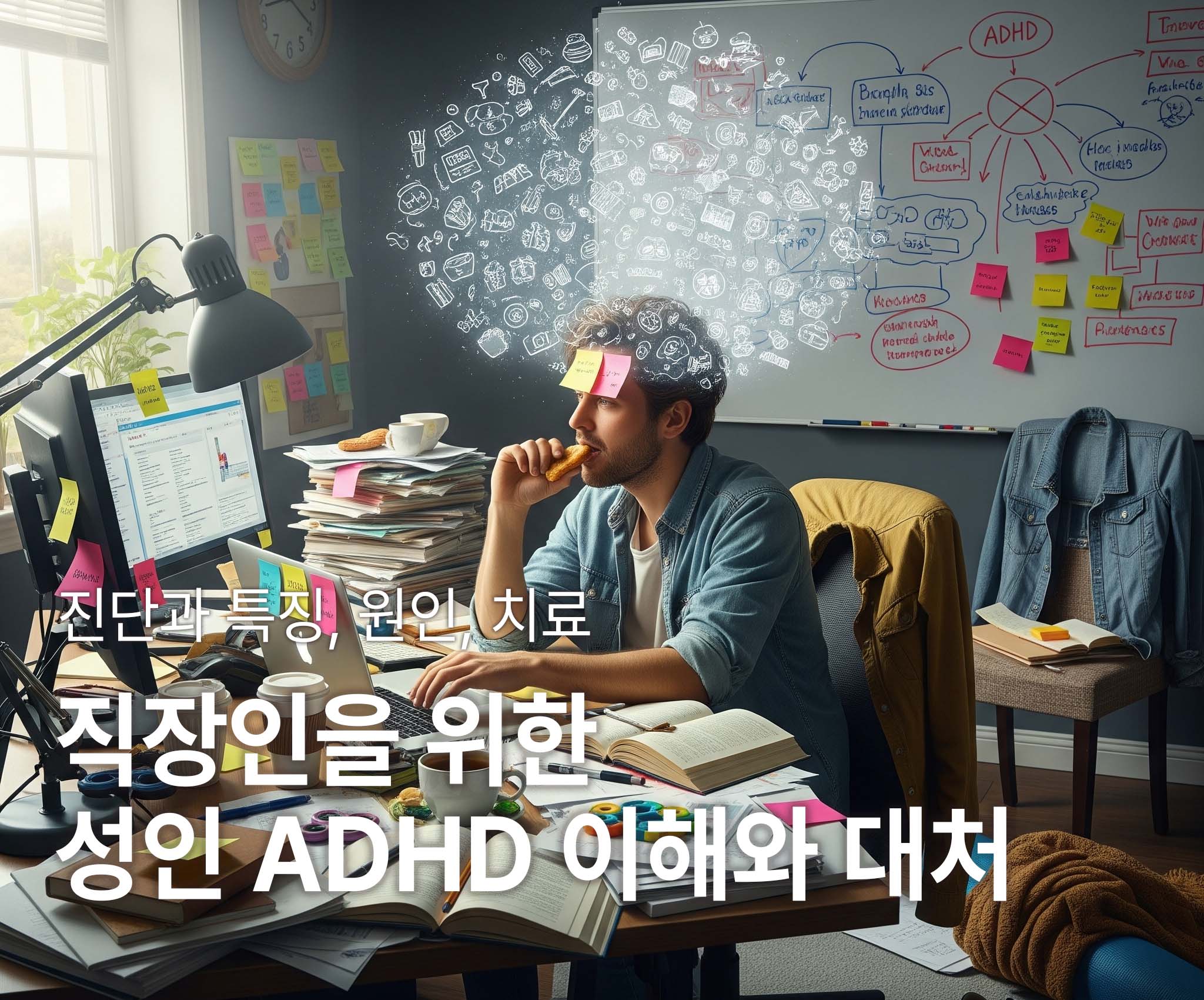 정리되지 않은 책상 시간관리가 안되고 머릿속이 복잡한 성인 ADHD 직장인이 책상앞에 앉아있다