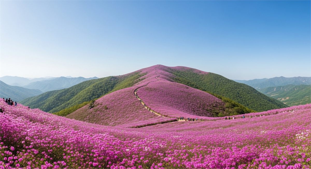 비슬산 참꽃 군락이 넓게 펼쳐진 산 능선 전경 