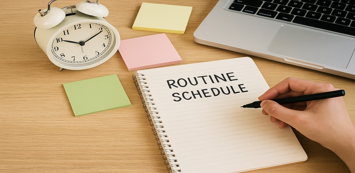 N잡러가 루틴 계획을 세우기 위해 ‘ROUTINE SCHEDULE’이라 적힌 노트에 글을 쓰는 장면 – 책상 위에는 노트북, 시계, 포스트잇이 놓여 있음