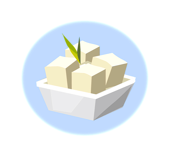 네모난 그릇 안에 하얀 두부 4모가 들어있다. 매우 부드럽게 생긴 두부다.