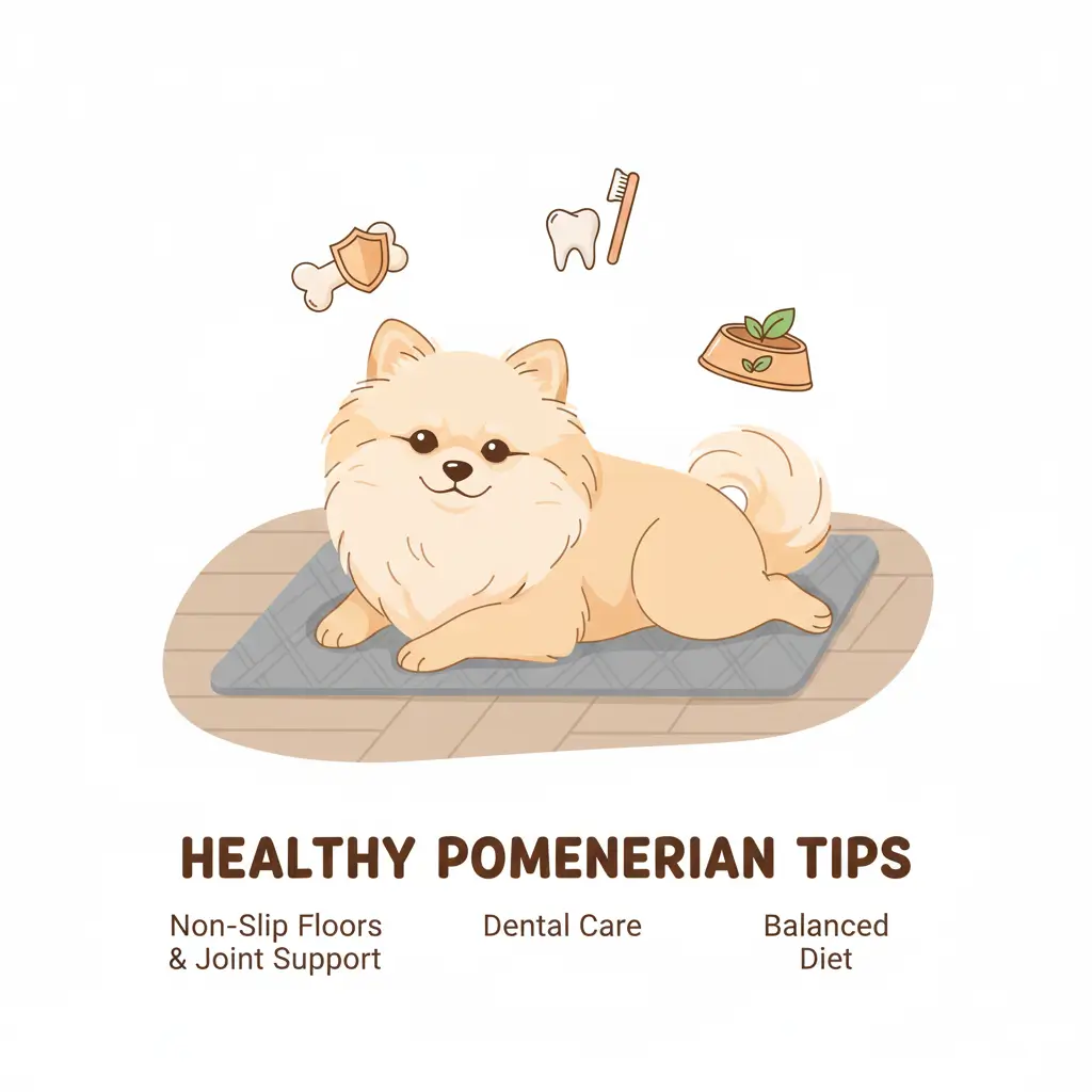 미끄럼 방지 매트가 깔린 바닥에서 휴식하는 포메라니안 강아지