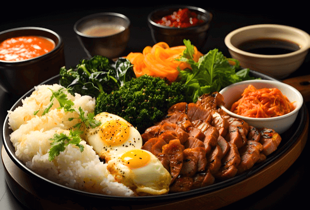 검정 접시에 하얀 밥과 오리고기 구이 야채들이 가득하다.