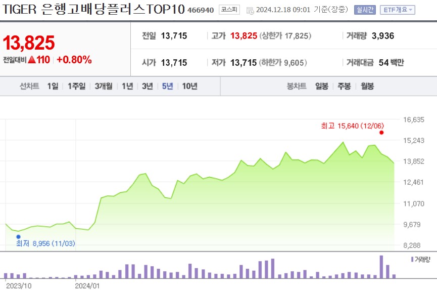 TIGER 은행고배당플러스TOP10 주가