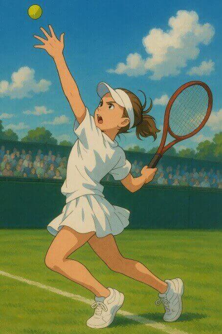 미라 안드레예바가 잔디코트에서 멋진 서브를 넣는 장면