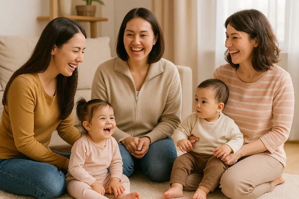 밝은 거실 바닥에 함께 앉은 세 명의 엄마와 두 명의 유아가 함께 웃고 있는 자연스러운 공동 육아 장면, 텍스트 없음