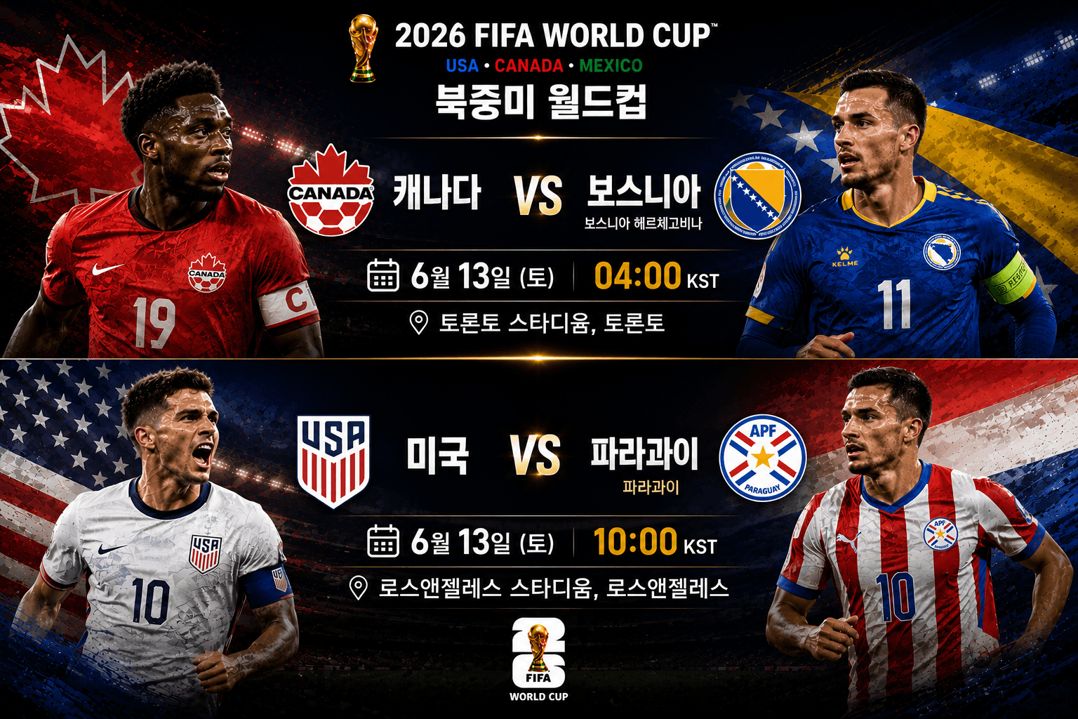 2026 FIFA 월드컵 6월 13일 경기 일정 안내: 캐나다 대 보스니아, 미국 대 파라과이 매치업
