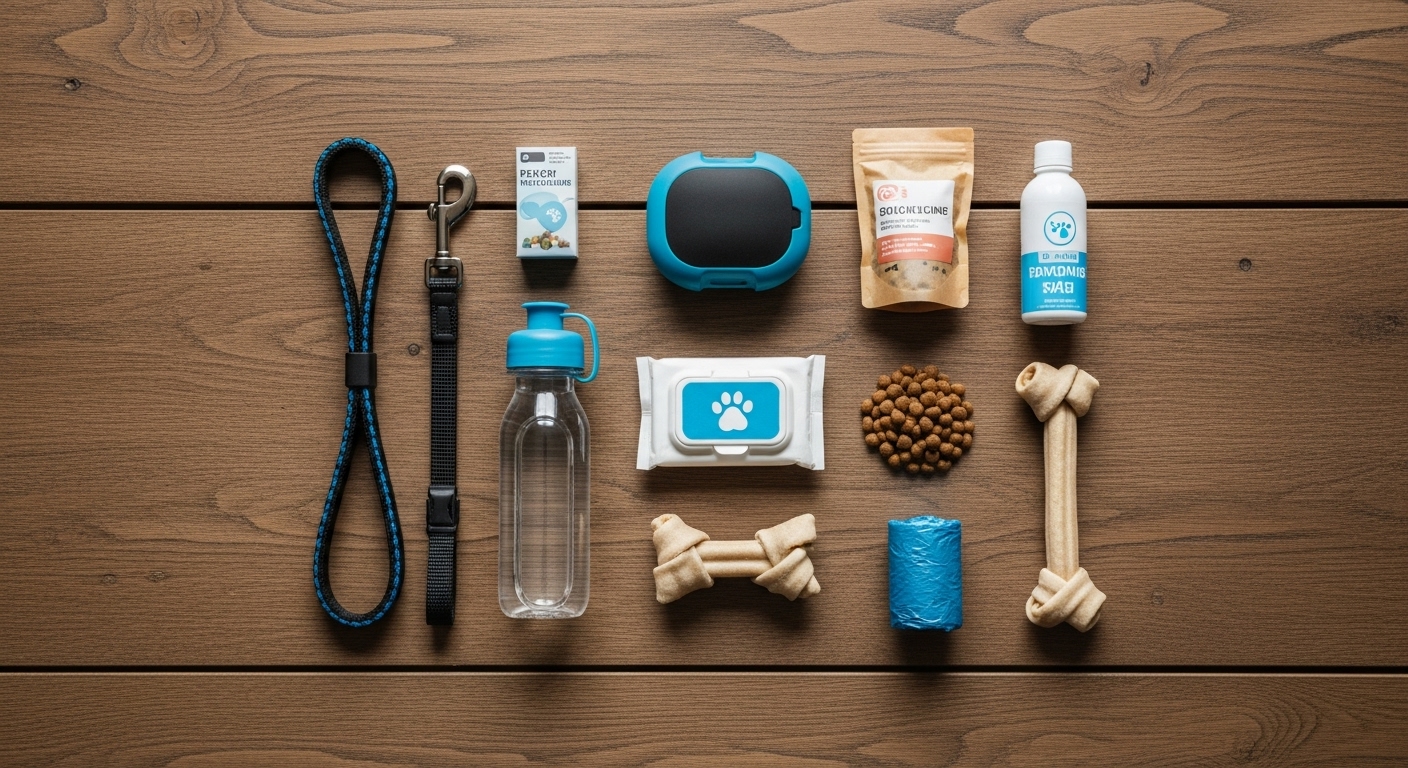 반려동물 국내 여행 필수 준비물 (목줄, 물병, 사료, 물티슈, 배변봉투, 장난감)이 가지런히 놓여있는 모습.