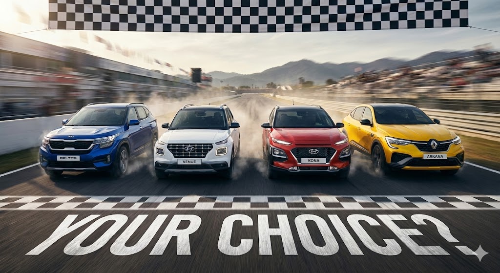 4가지 추천 차량(셀토스, 베뉴, 코나, 아르카나)이 결승선(Finish Line)을 향해 함께 달리는 역동적인 일러스트. 바닥에는 'Your Choice?'라는 문구가 적혀 있음