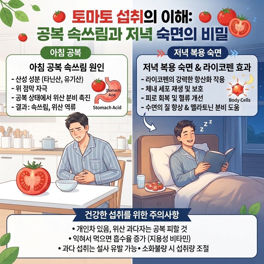 토마토 부작용 아침 공복 속쓰림 원인 및 저녁 복용 숙면 라이코펜 세포 재생 효과 주의사항