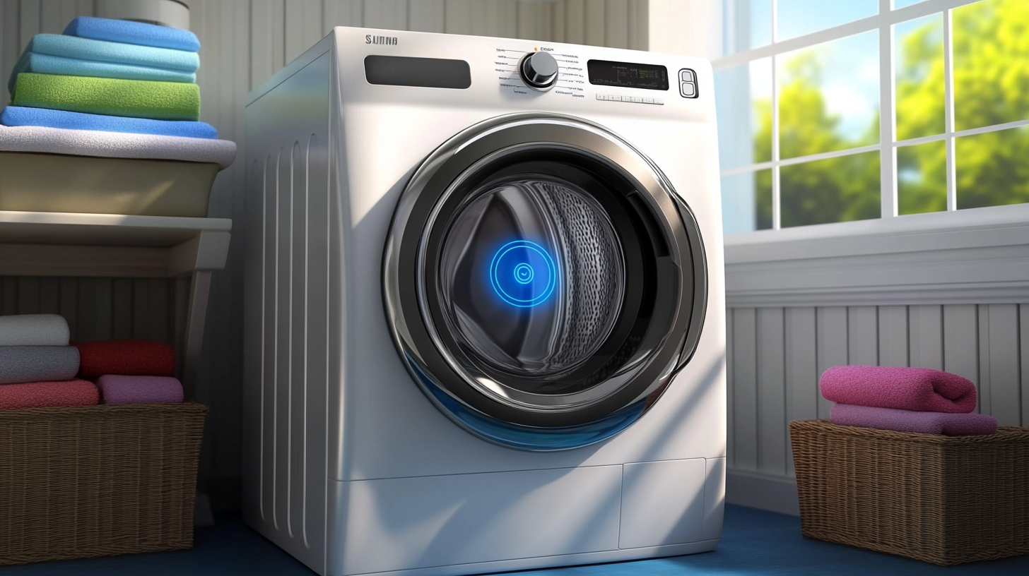 모던한 미니멀리스트 스타일의 세탁실에 설치된 최첨단 AI와 IoT 기능을 갖춘 삼성 세탁기의 미래형 디자인