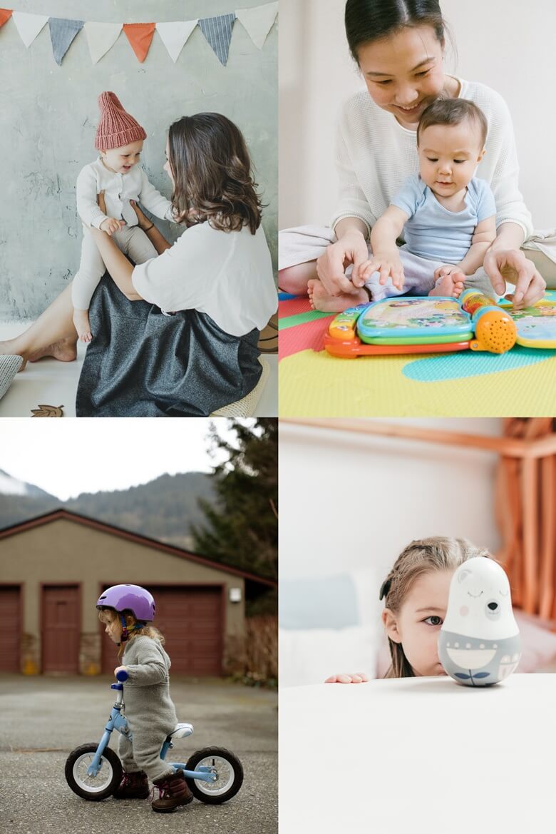 아이돌봄관련 상단좌측부터 엄마가 갈색 모자를 쓴 아기를 바닥에 앉아서 양무릅위에 올려놓고 서로 웃고 있는 모습과 엄마가 아기가 그림공부를 하는 것을 보며 웃고있는 모습이며 하단좌측부터 2~3살정도 되어보이는 여자아이가 안전모를 쓰고 조그만 자전거를 양발로 땅을짚고 걸어가는 모습과 책상위에 하얀색 인형을 가까이에서 바라보고 있는 3~4살정도 되어 보이는 여자아이의 모습