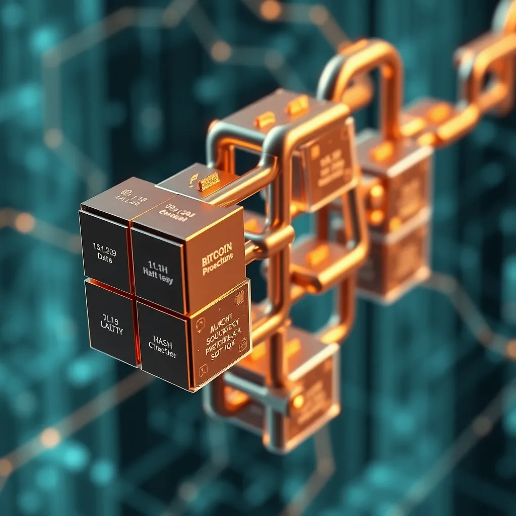 여러 개의 블록들이 서로 사슬처럼 연결되어 있는 모습을 입체적으로 표현합니다. 각 블록에는 데이터, 해시값, 이전 블록의 해시값 등 블록체인의 핵심 정보를 상징하는 아이콘이나 텍스트를 작게 새겨 넣습니다. 배경은 데이터가 흐르는 듯한 사이버틱한 느낌을 주거나, 투명하고 견고한 느낌으로 신뢰성을 강조합니다.