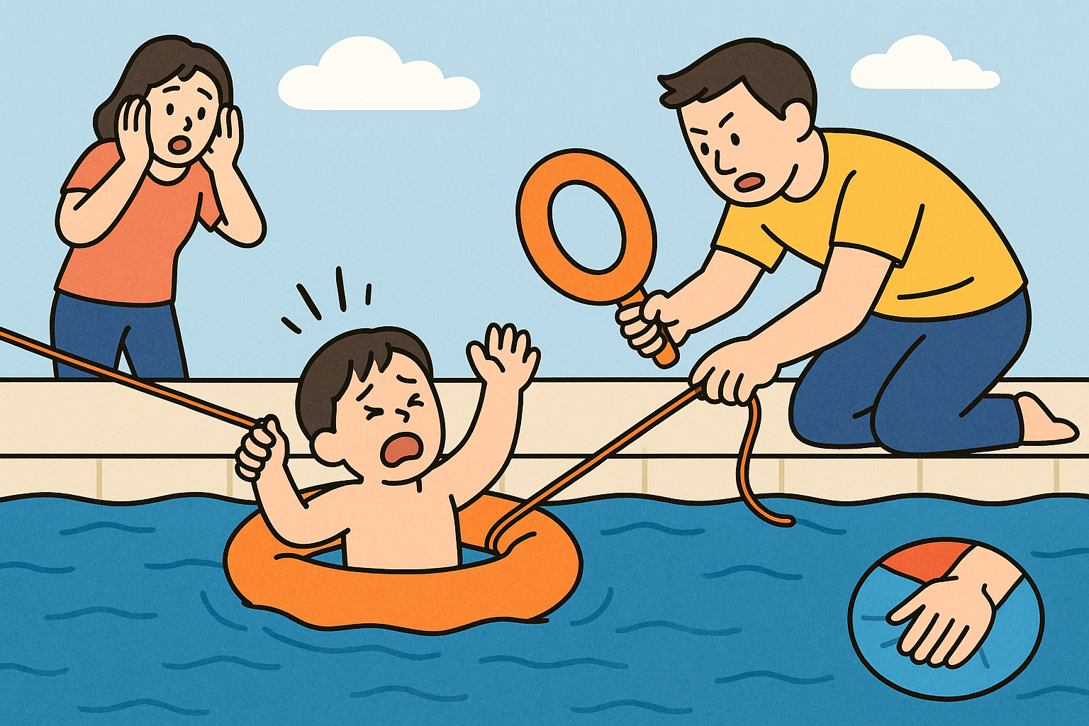 부모가 구명 튜브와 줄을 이용해 물에 빠진 아이를 구조하는 모습