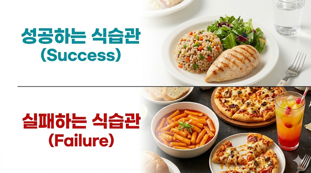 위아래로 나뉜 다이어트 식단 비교 이미지. 상단에는 '성공하는 식습관 (Success)' 문구와 함께 닭가슴살 구이, 현미 볶음밥, 신선한 샐러드가 담긴 접시가 보이고, 하단에는 '실패하는 식습관 (Failure)' 문구와 함께 붉은 떡볶이, 페페로니 피자, 설탕이 많이 든 과일 에이드가 놓인 모습