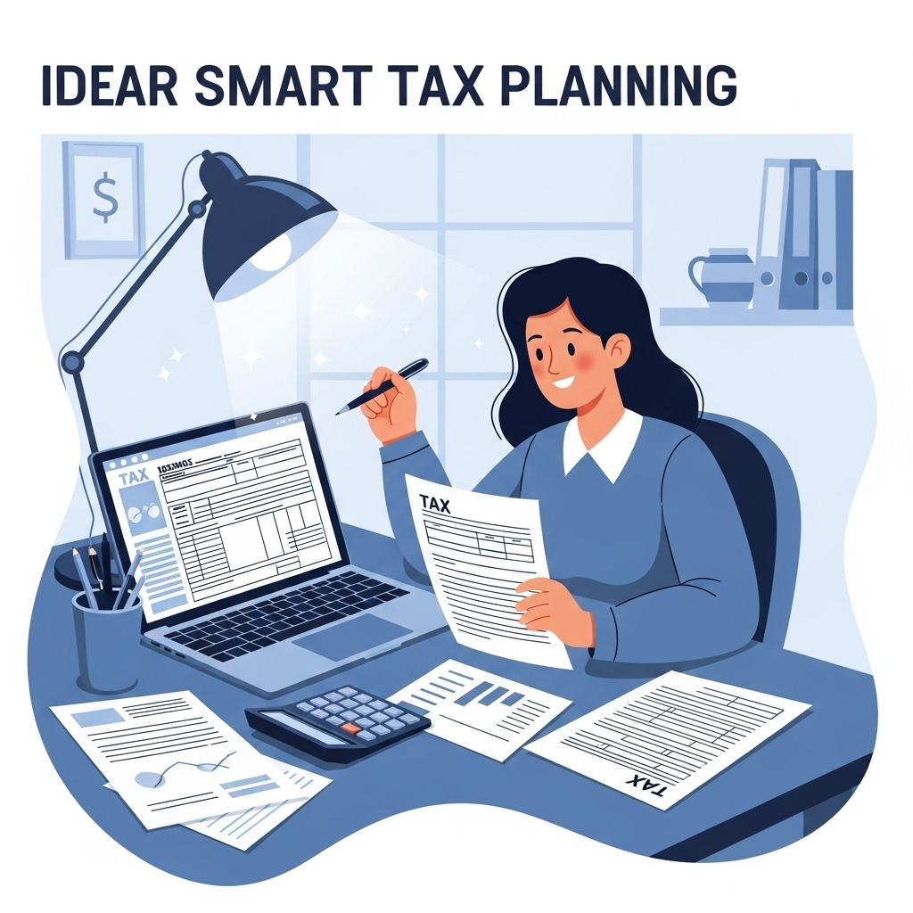 2025년 연말정산을 성공적으로 마쳐 환급받는 직장인의 행복한 모습, 세금 서류와 계산기를 정리하는 장면.