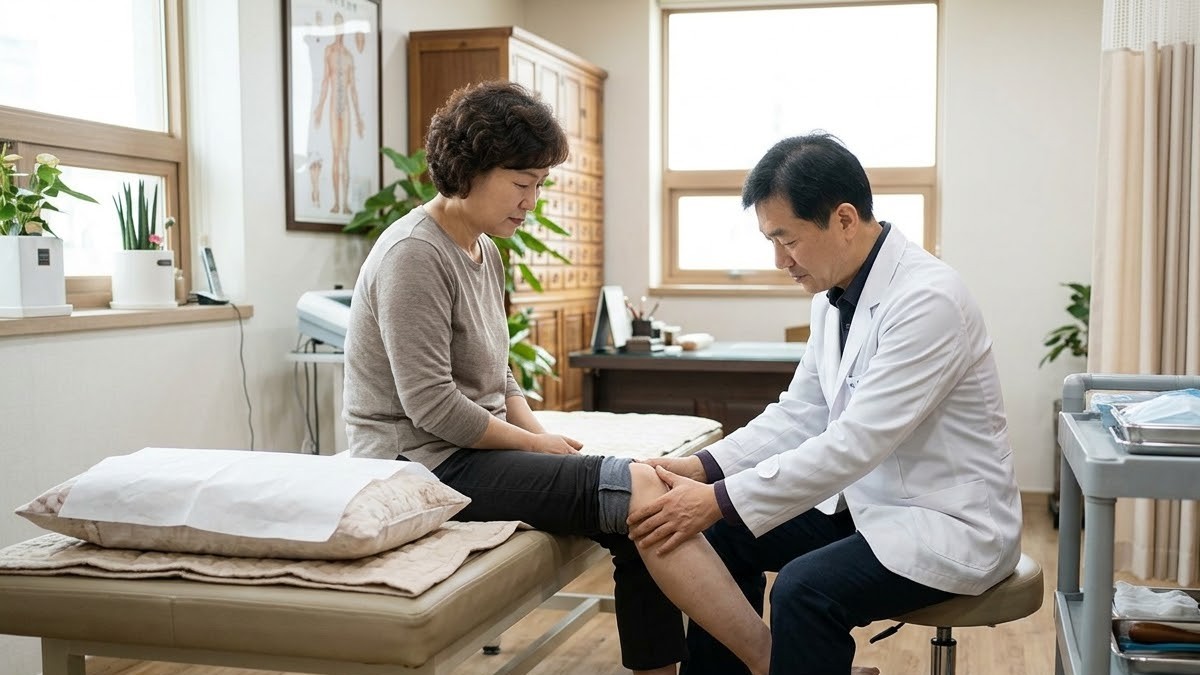 한의사가 환자의 무릎뼈 주변을 손으로 살피는 진찰 장면