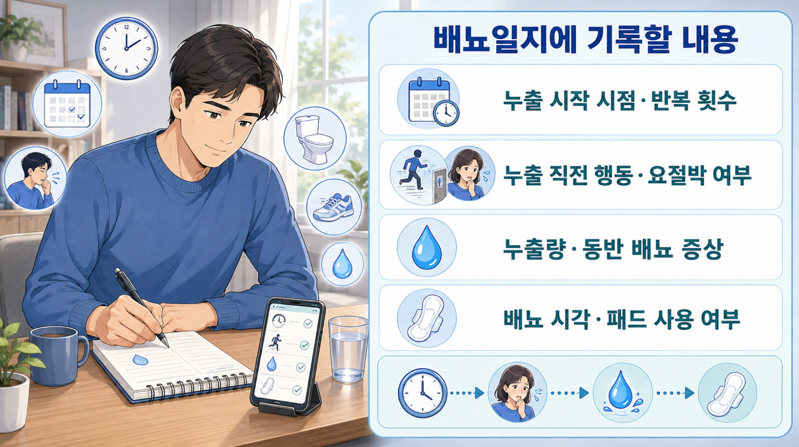 요실금 진료 전 배뇨일지에 기록할 누출 시점&middot;횟수&middot;직전 상황&middot;요절박&middot;패드 사용 정보