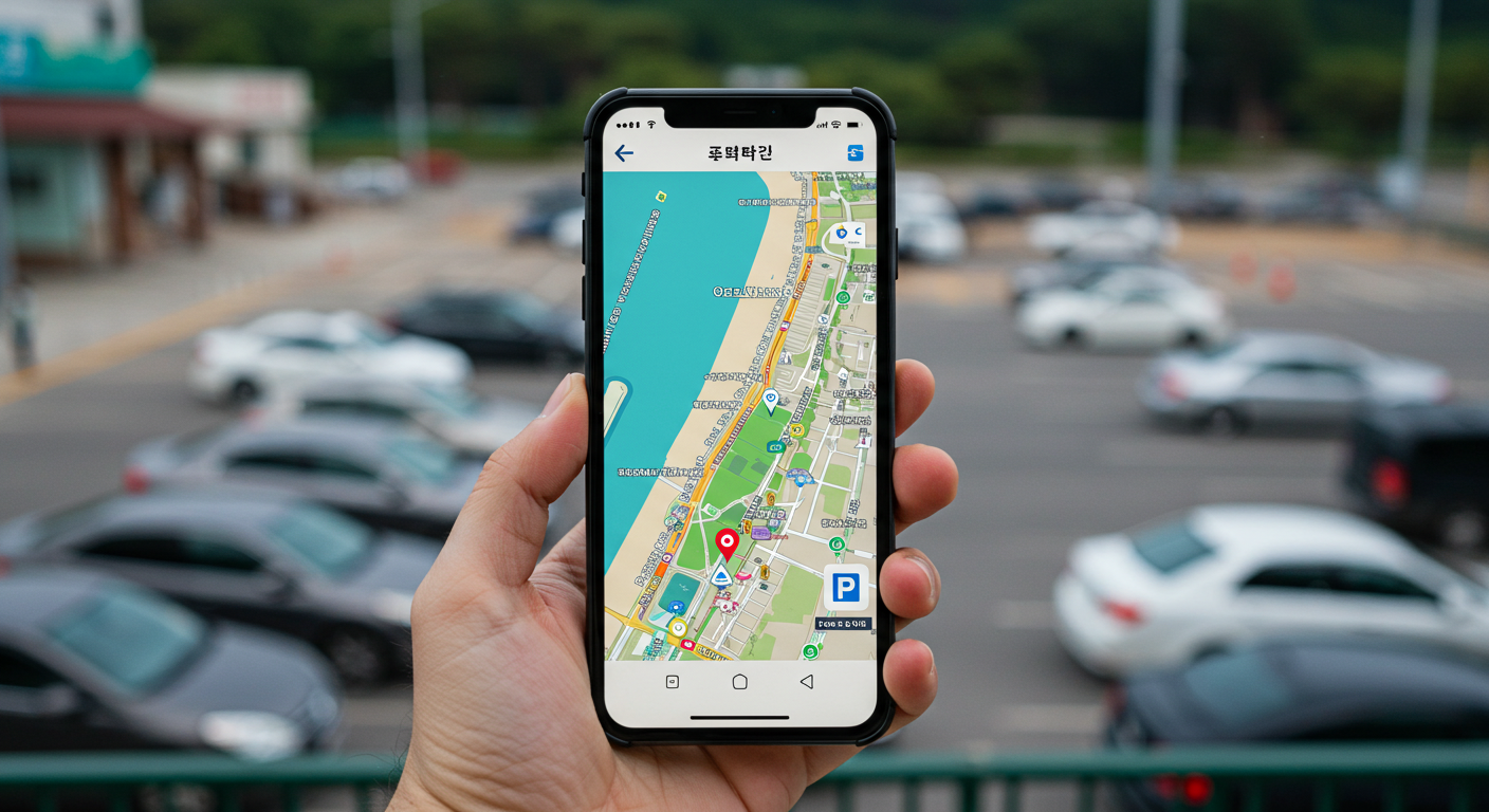 카카오맵 앱으로 강원도 주차장 정보를 확인하는 한국인 손.