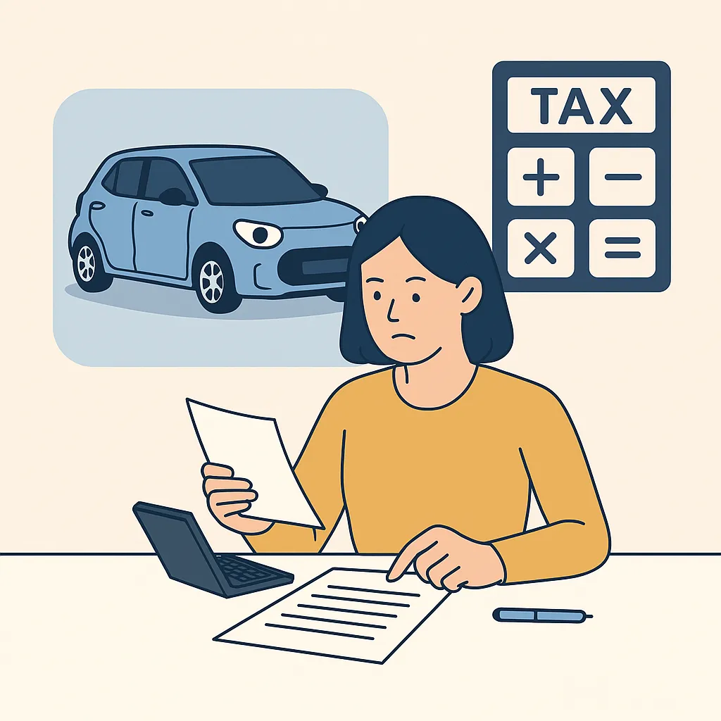 중고차 세금 계산서를 보며 계산기와 종이를 확인하는 여성