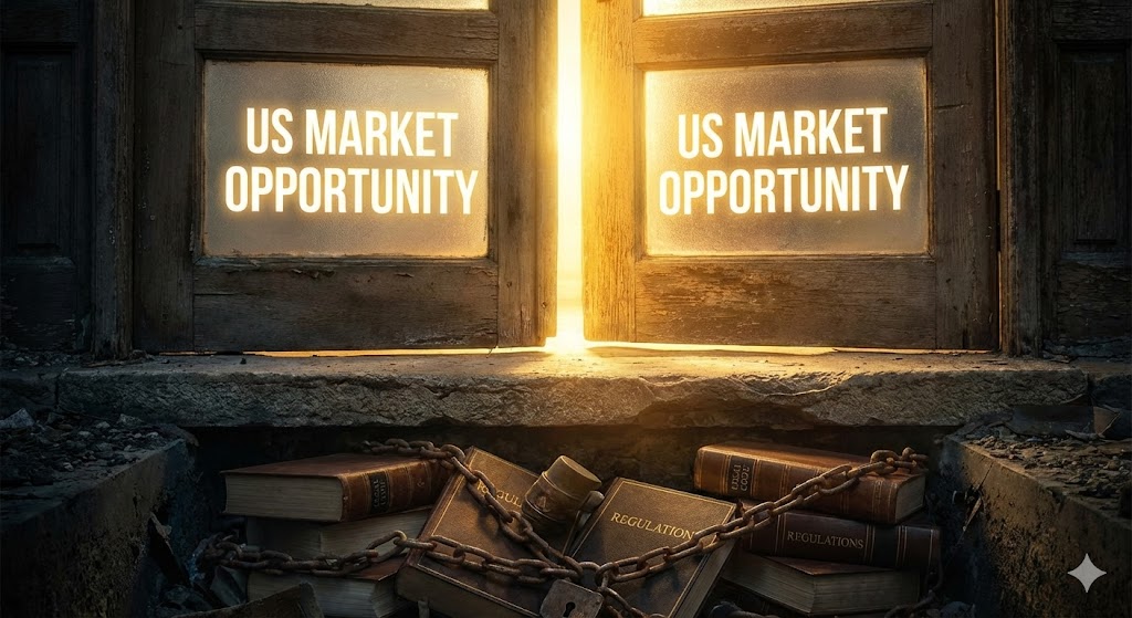 화려하게 빛나는 미국 주식 시장의 문(Opportunity)이 활짝 열려 있지만, 그 문턱 아래에는 복잡한 법전과 쇠사슬(Risk/Lawsuit)이 숨겨져 있는 이중적인 이미지