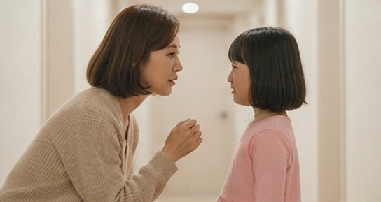 엄마가 아이 눈을 맞추고 이야기 나누는 모습