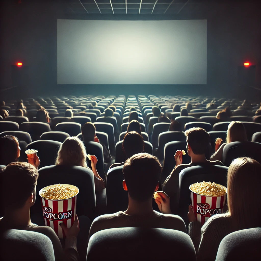 영화관에서 사람들이 팝콘을 먹으면서 상영을 기다리고 있는 모습