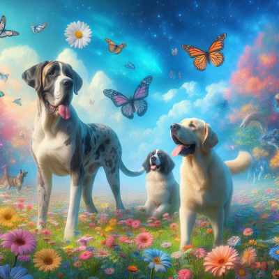 "강아지들이 꽃밭과 구름 속에서 나비들과 함께 행복한 시간을 보내고 있는 모습입니다."