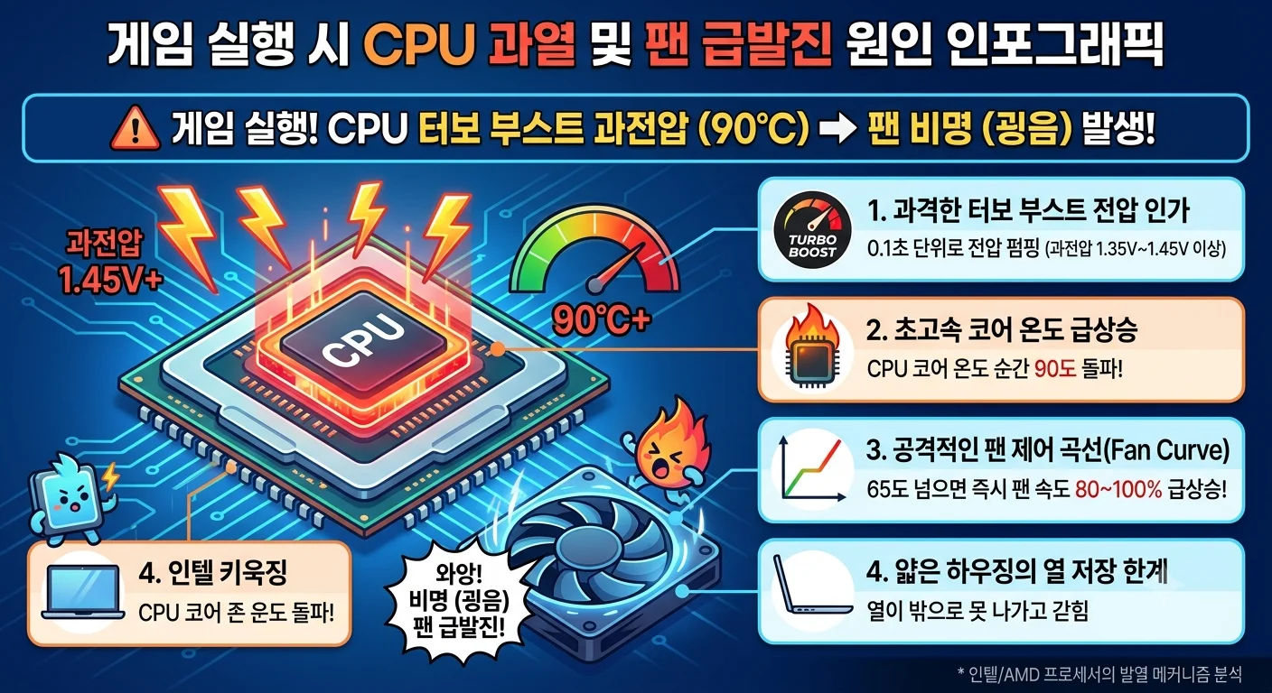 CPU 터보 부스트 전압 급상승으로 인한 고온 발열 및 쿨링팬 고속 회전 굉음 원인 인포그래픽