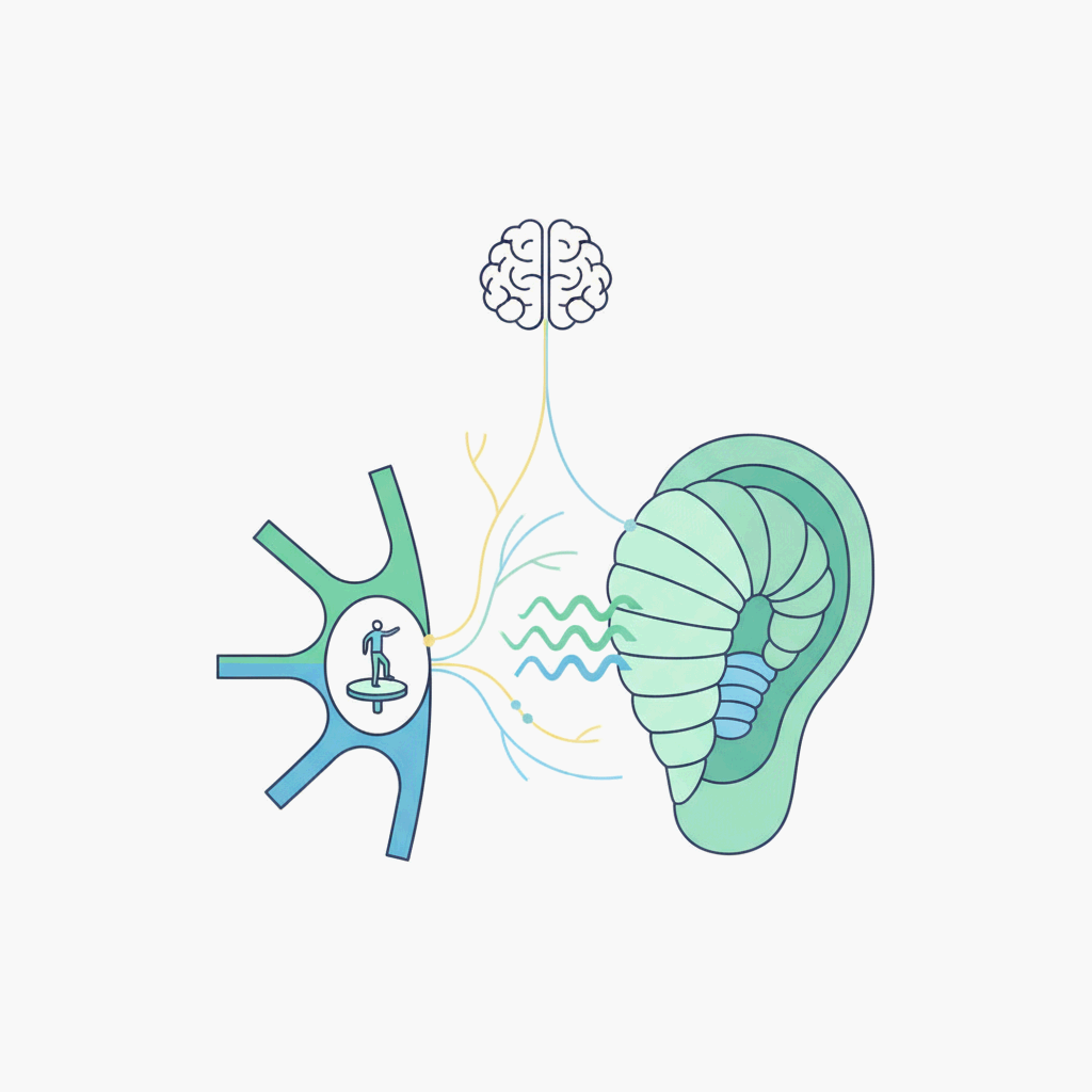 내이가 청각과 균형을 통합하는 원리를 상징적으로 표현한 과학 일러스트레이션